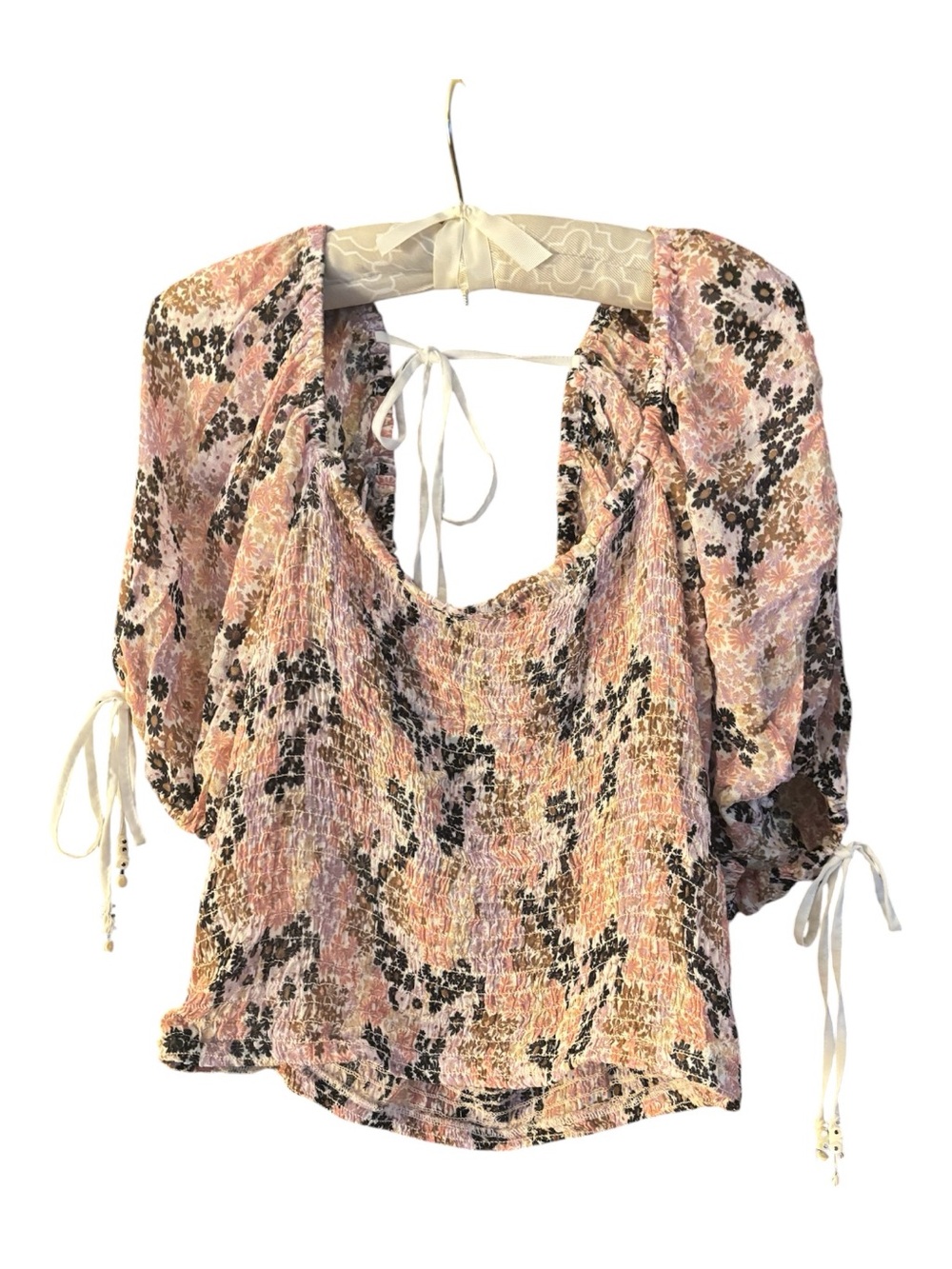 Free People Pink Floral Smocked Peasant Blouse Size L NWT